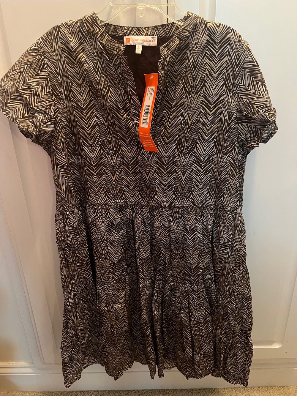 Jude Connally Maddie Herringbone Chocolate Gold Tiered Short Sleeve Dress